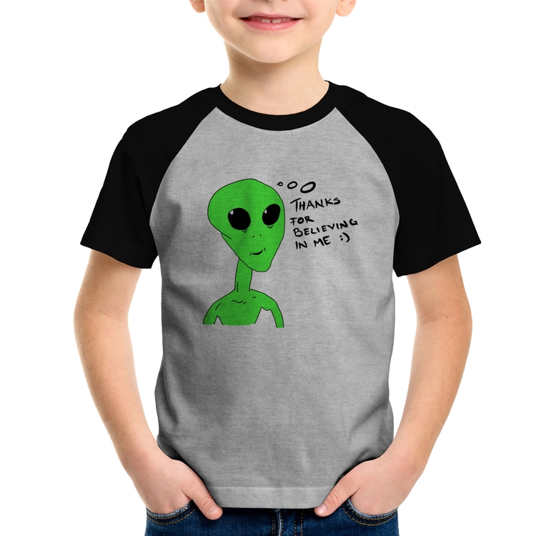Camiseta Raglan Infantil Thank's For Believing In Me Alien - Cinza/Preto