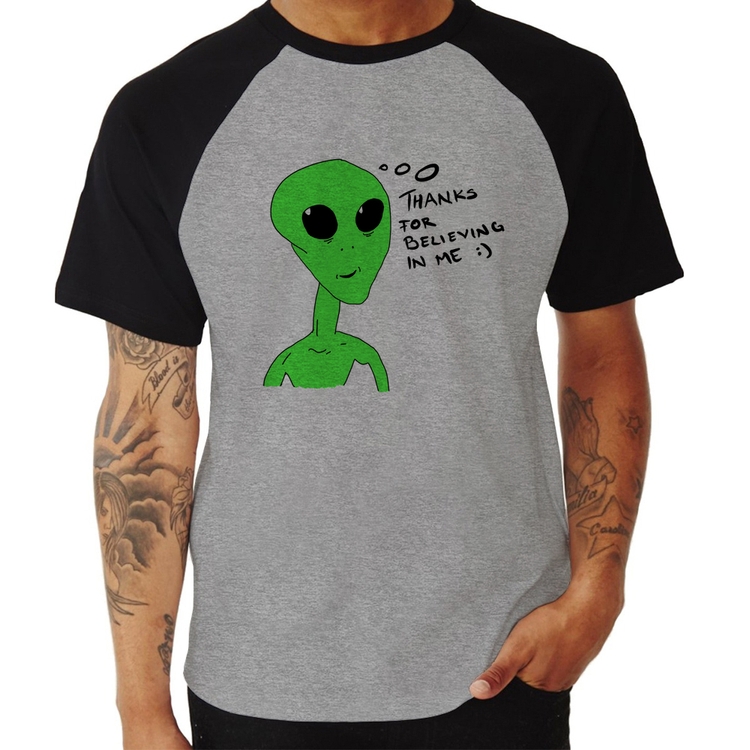 Camiseta Raglan Thank's For Believing In Me Alien - Cinza/Preto