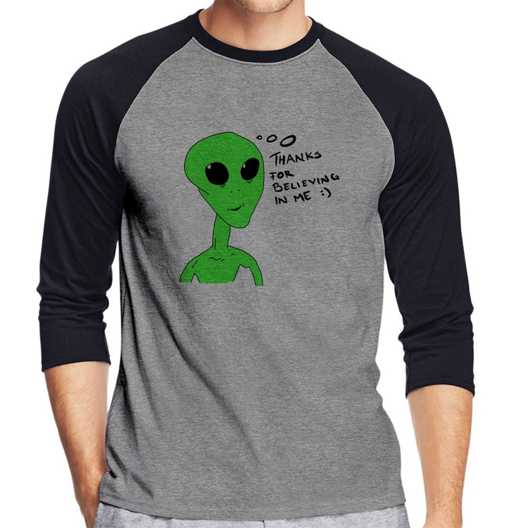 Camiseta Raglan Thank's For Believing In Me Alien Manga 3/4 - Cinza/Preto