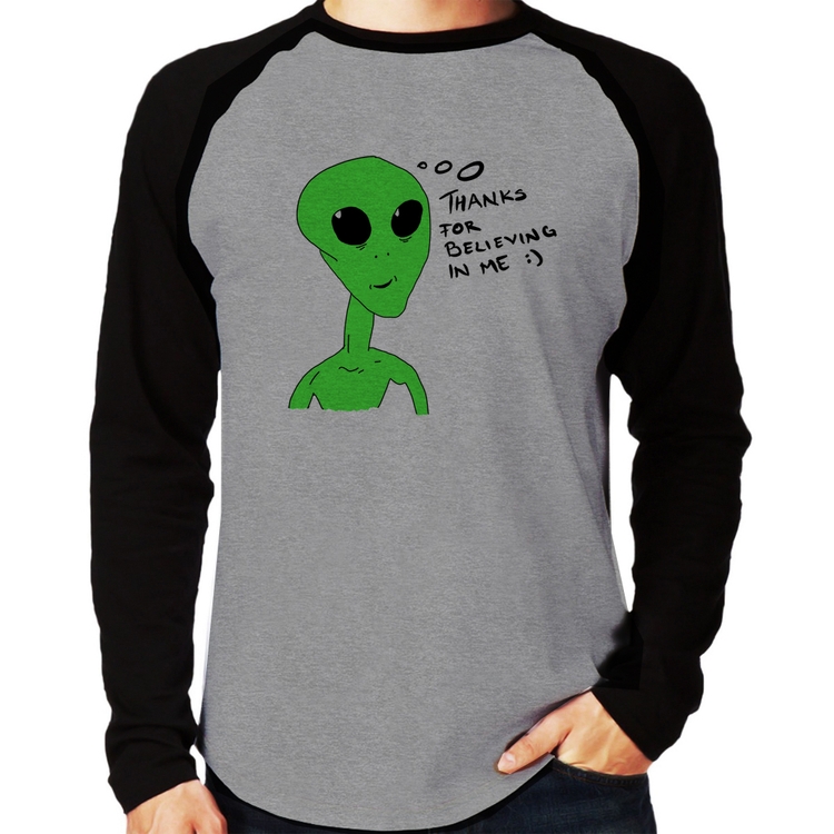 Camiseta Raglan Thank's For Believing In Me Alien Manga Longa - Cinza/Preto