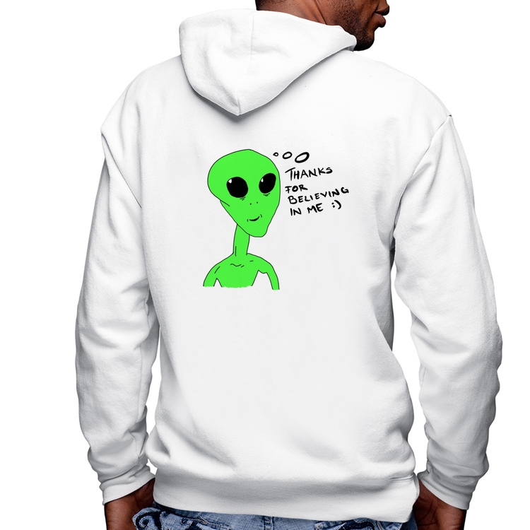 Blusa Moletom Thank's For Believing In Me Alien Masculina com Capuz e Zíper - Branca