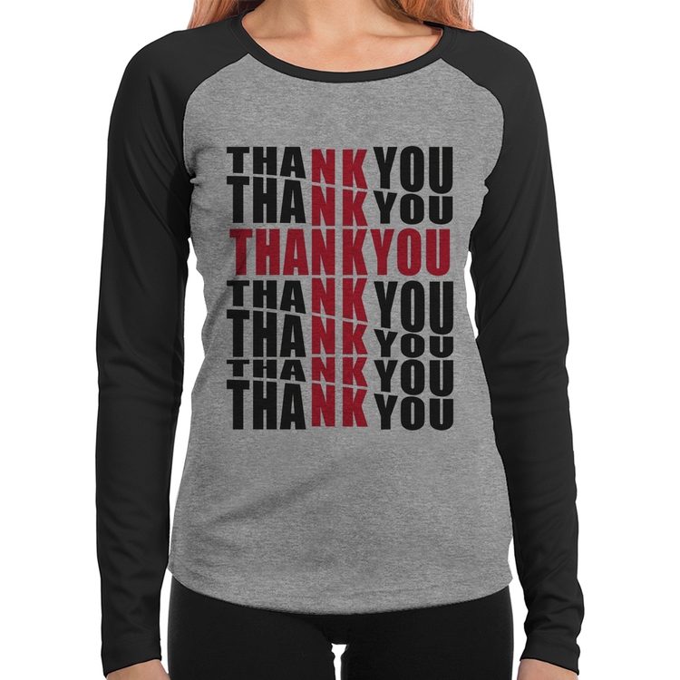 Baby Look Raglan Thank You Cruz Manga Longa - Cinza/Preto