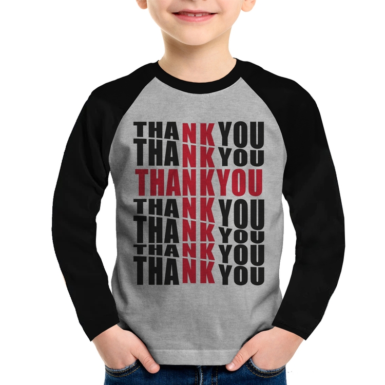 Camiseta Raglan Infantil Thank You Cruz Manga Longa - Cinza/Preto