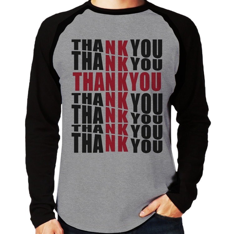 Camiseta Raglan Thank You Cruz Manga Longa - Cinza/Preto