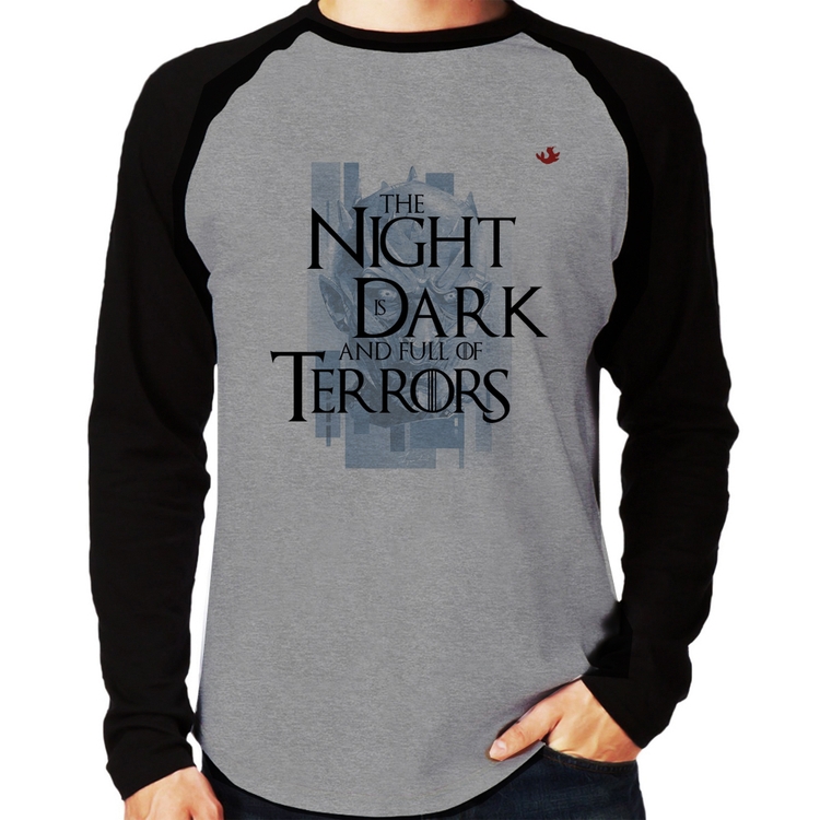 Camiseta Raglan The night is dark and full of terrors Manga Longa - Cinza/Preto