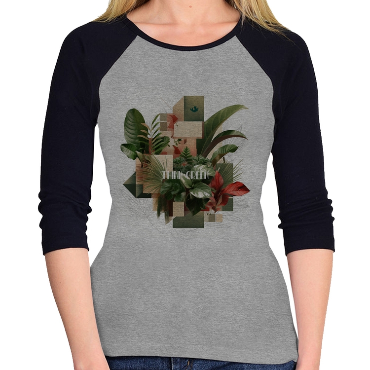 Baby Look Raglan Think Green Manga 3/4 - Cinza/Preto