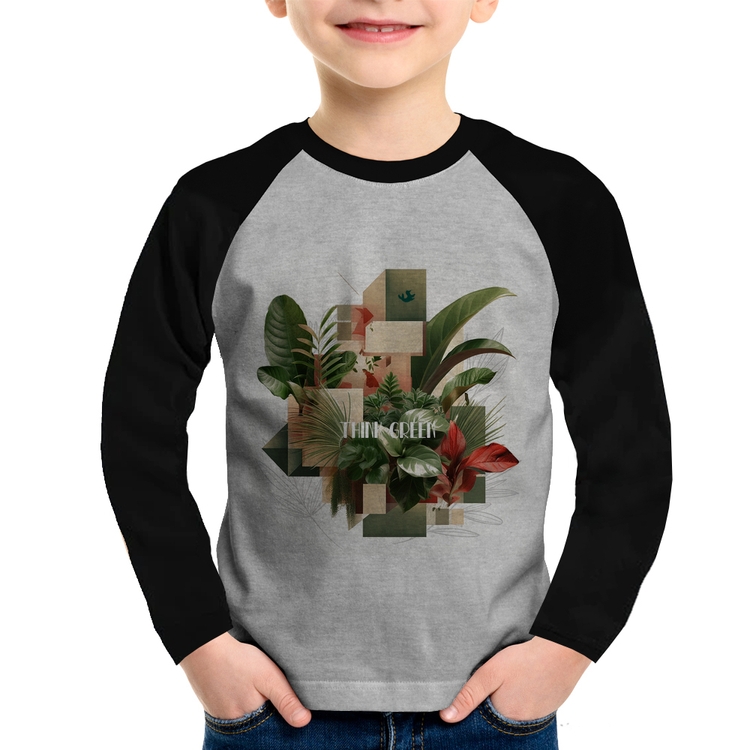 Camiseta Raglan Infantil Think Green Manga Longa - Cinza/Preto