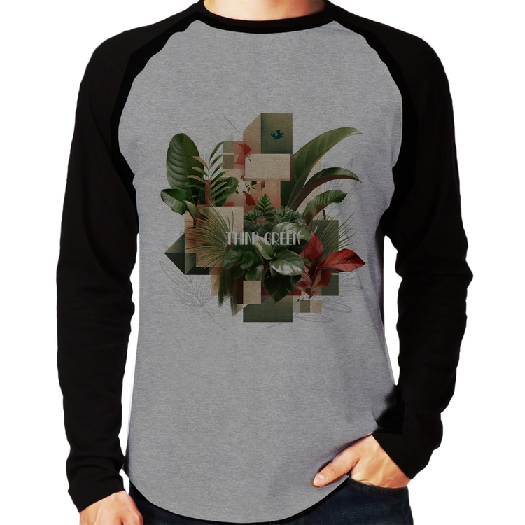 Camiseta Raglan Think Green Manga Longa - Cinza/Preto