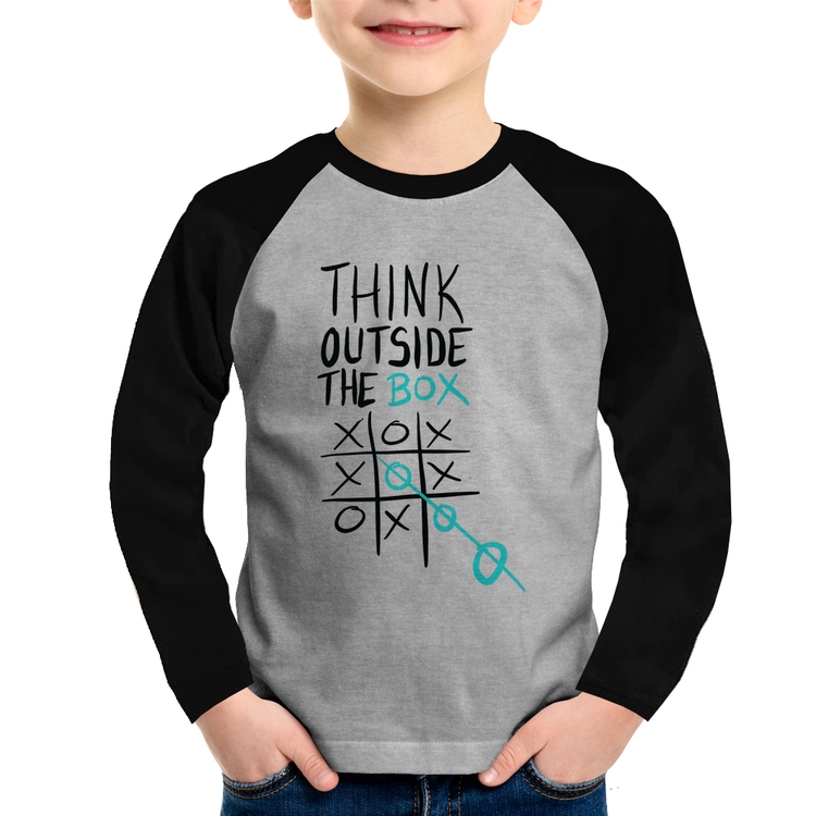 Camiseta Raglan Infantil Think Outside The Box Manga Longa - Cinza/Preto