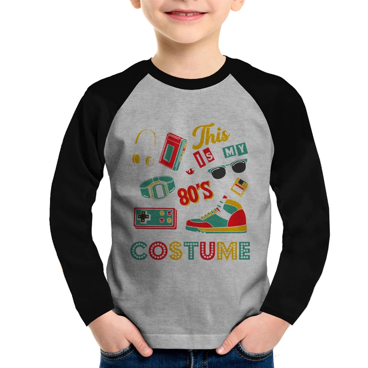 Camiseta Raglan Infantil This is my 80's costume Manga Longa - Cinza/Preto
