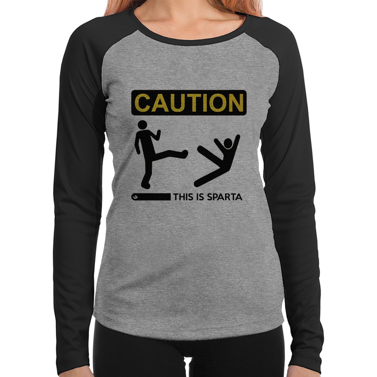 Baby Look Raglan This is Sparta Manga Longa - Cinza/Preto