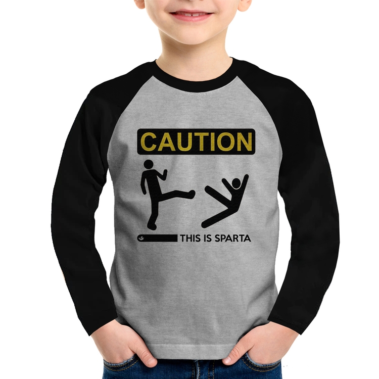 Camiseta Raglan Infantil This is Sparta Manga Longa - Cinza/Preto