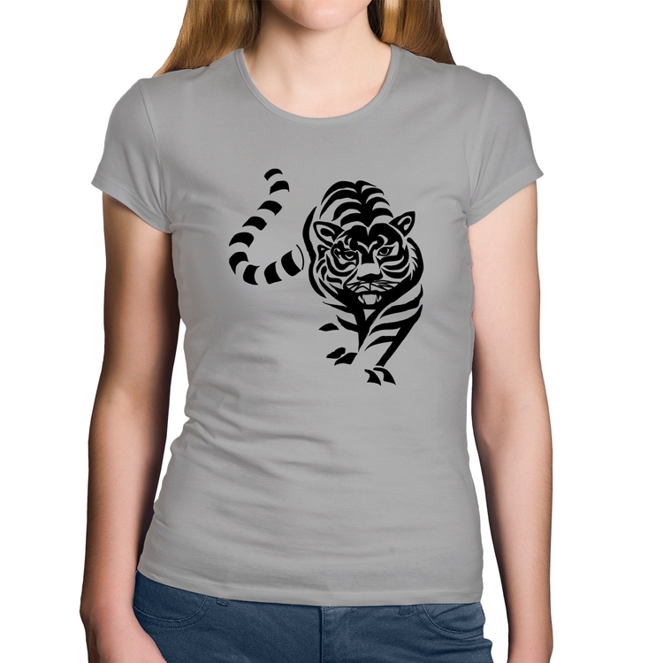 Baby Look Algodão Tigre Traços - Cinza