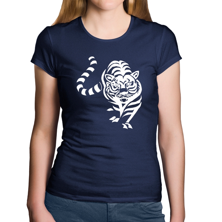 Baby Look Algodão Tigre Traços - Marinho