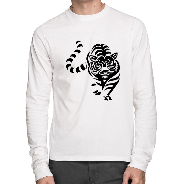 Camiseta Algodão Tigre Traços Manga Longa - Branca