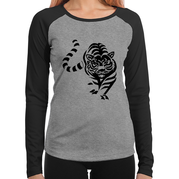 Baby Look Raglan Tigre Traços Manga Longa - Cinza/Preto