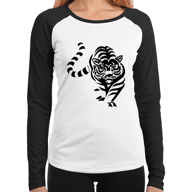 Baby Look Raglan Tigre Traços Manga Longa