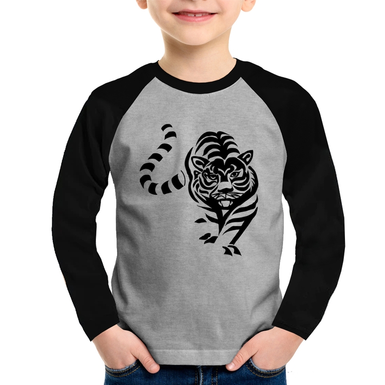 Camiseta Raglan Infantil Tigre Traços Manga Longa - Cinza/Preto