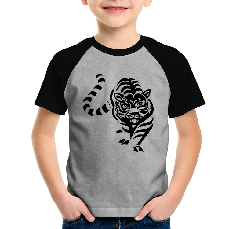 Camiseta Raglan Infantil Tigre Traços - Cinza/Preto
