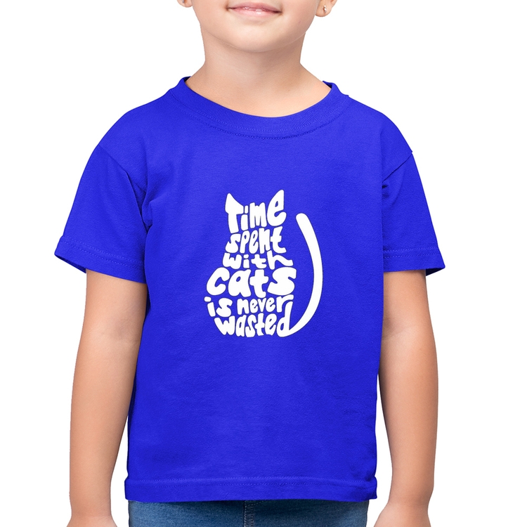 Camiseta Algodão Infantil Time spend with cats is never wasted - Azul Royal