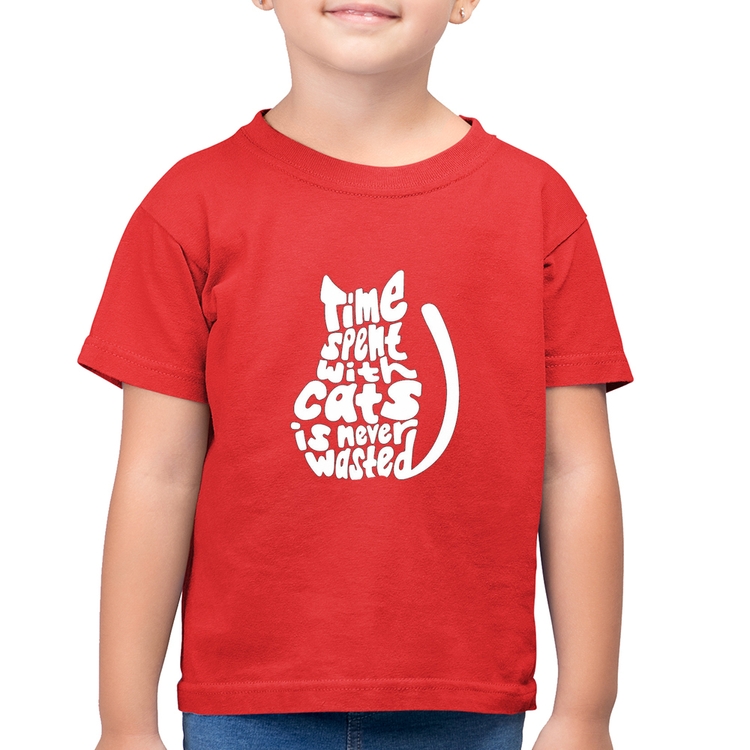 Camiseta Algodão Infantil Time spend with cats is never wasted - Vermelha