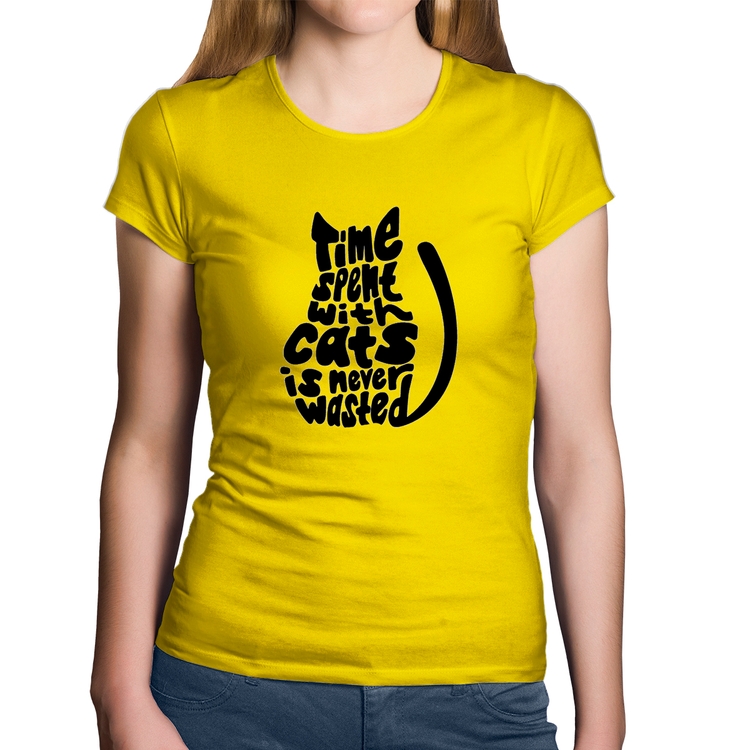 Baby Look Algodão Time spend with cats is never wasted - Amarela