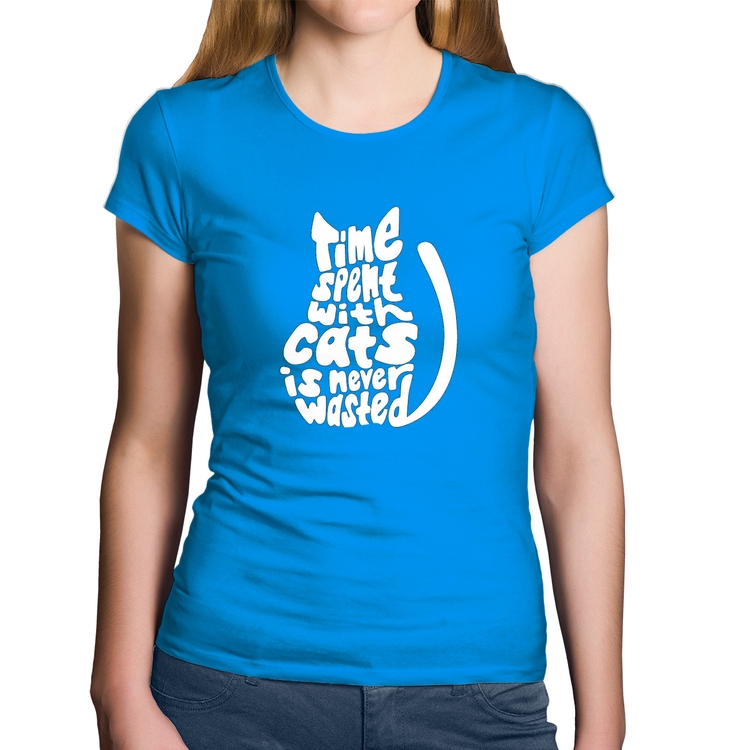 Baby Look Algodão Time spend with cats is never wasted - Azul