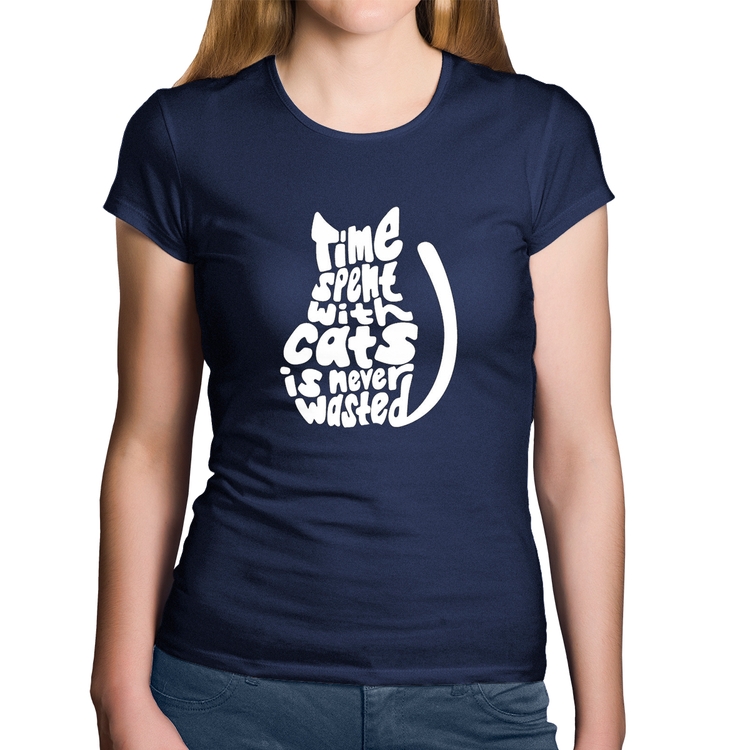 Baby Look Algodão Time spend with cats is never wasted - Marinho