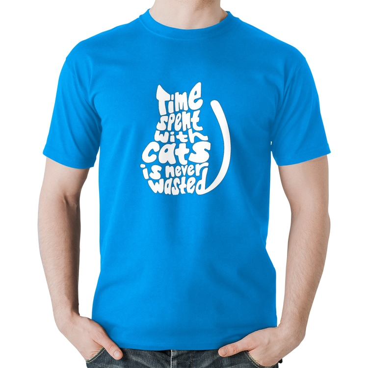Camiseta Algodão Time spend with cats is never wasted - Azul