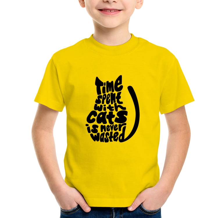Camiseta Infantil Time spend with cats is never wasted - Amarela