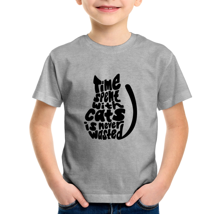 Camiseta Infantil Time spend with cats is never wasted - Cinza