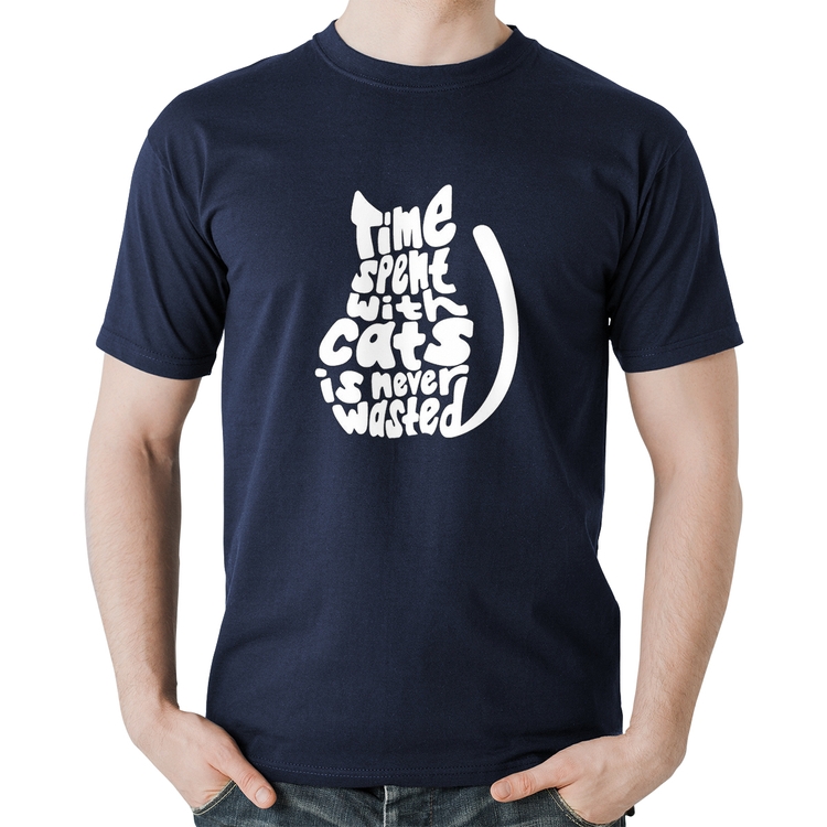 Camiseta Algodão Time spend with cats is never wasted - Marinho
