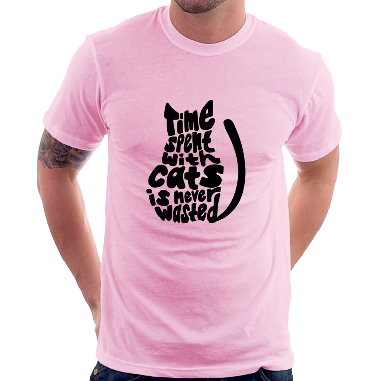 Camiseta Time spend with cats is never wasted - Rosa Bebê