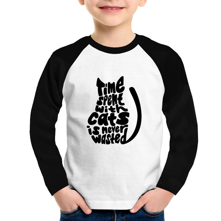 Camiseta Raglan Infantil Time spend with cats is never wasted Manga Longa