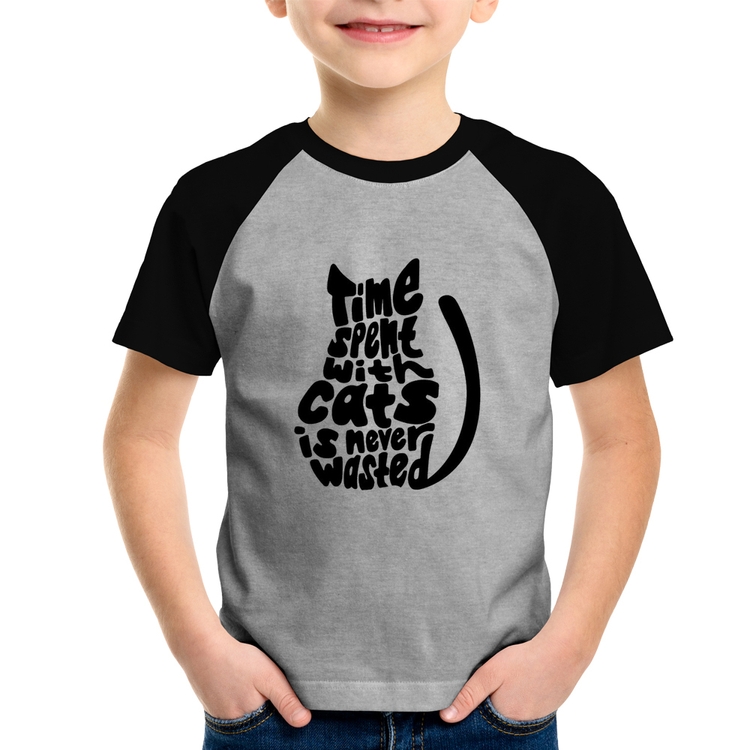 Camiseta Raglan Infantil Time spend with cats is never wasted - Cinza/Preto