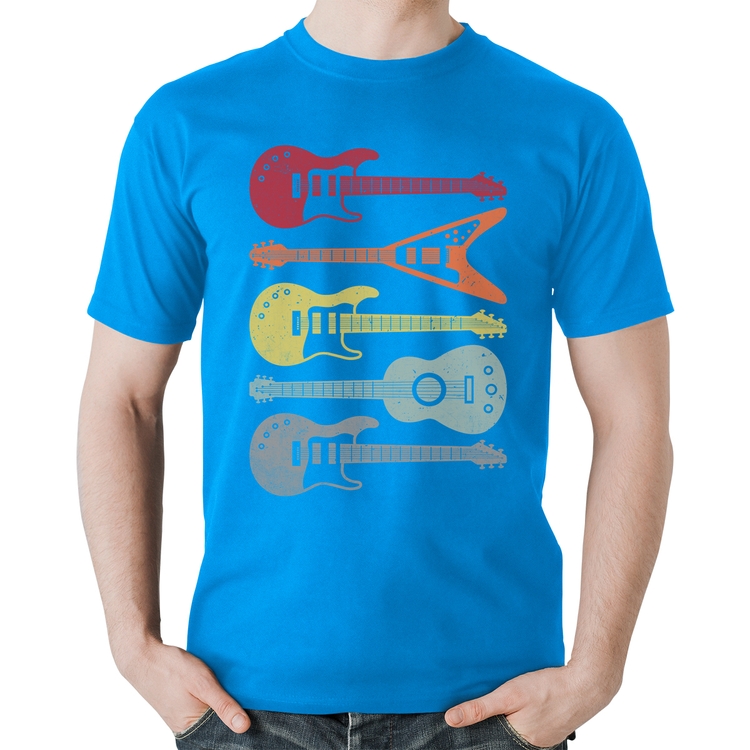 Camiseta Algodão Tipos de Guitarra - Azul