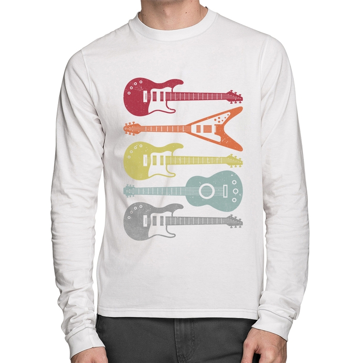 Camiseta Algodão Tipos de Guitarra Manga Longa - Branca