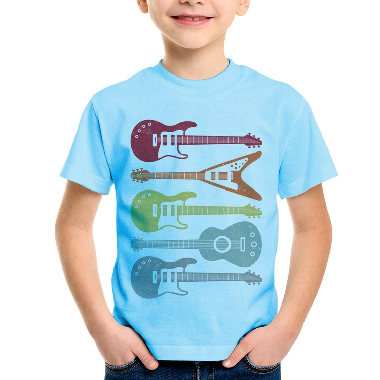 Camiseta Infantil Tipos de Guitarra - Azul Bebê