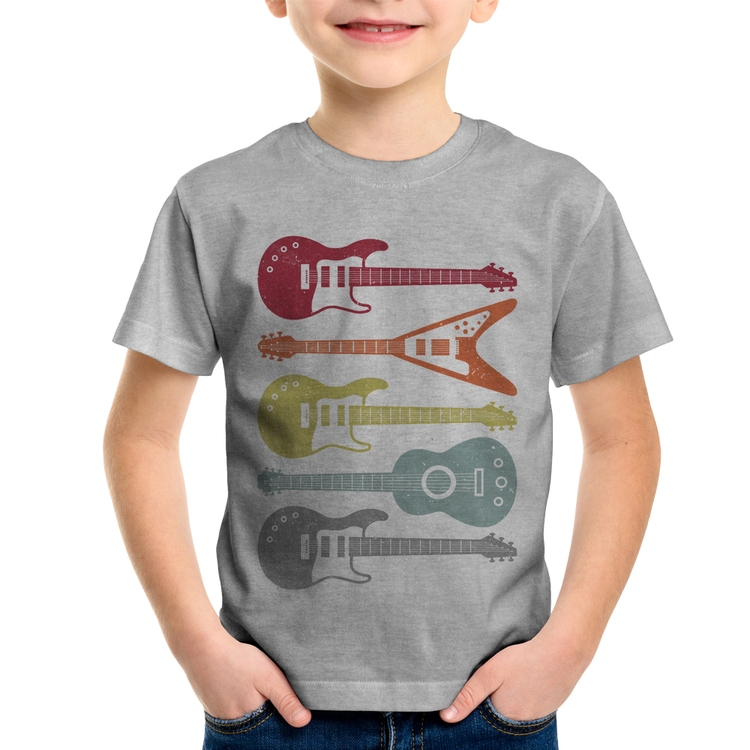 Camiseta Infantil Tipos de Guitarra - Cinza