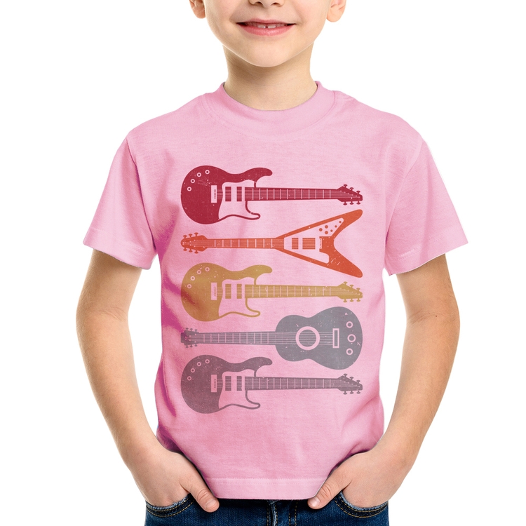 Camiseta Infantil Tipos de Guitarra - Rosa Bebê
