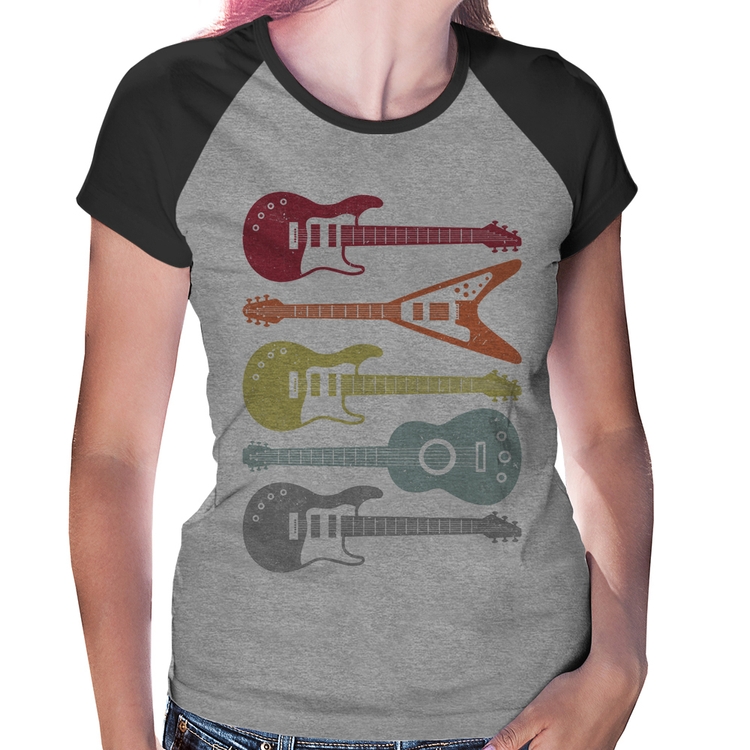 Baby Look Raglan Tipos de Guitarra - Cinza/Preto