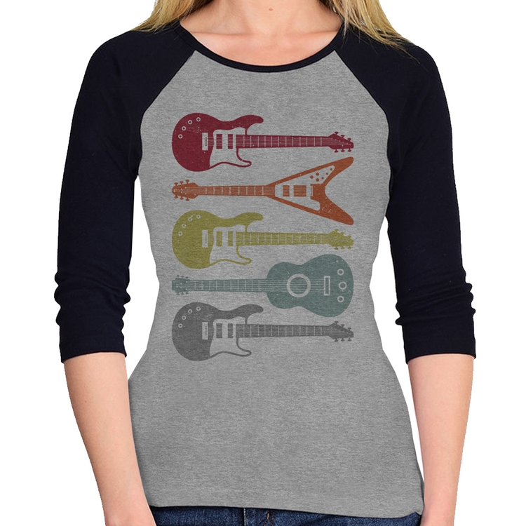 Baby Look Raglan Tipos de Guitarra Manga 3/4 - Cinza/Preto