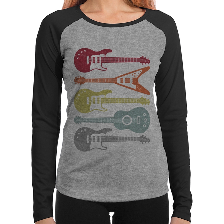 Baby Look Raglan Tipos de Guitarra Manga Longa - Cinza/Preto