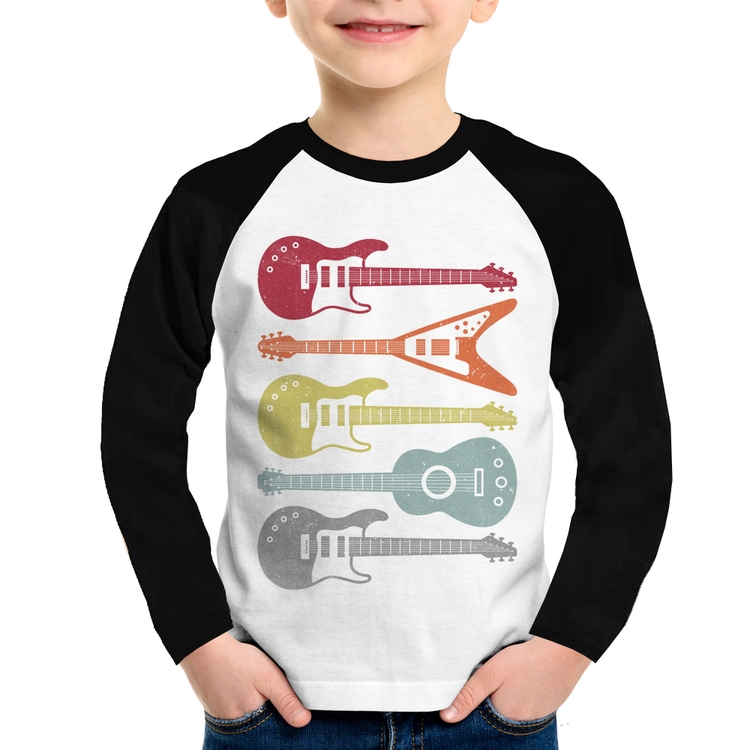 Camiseta Raglan Infantil Tipos de Guitarra Manga Longa