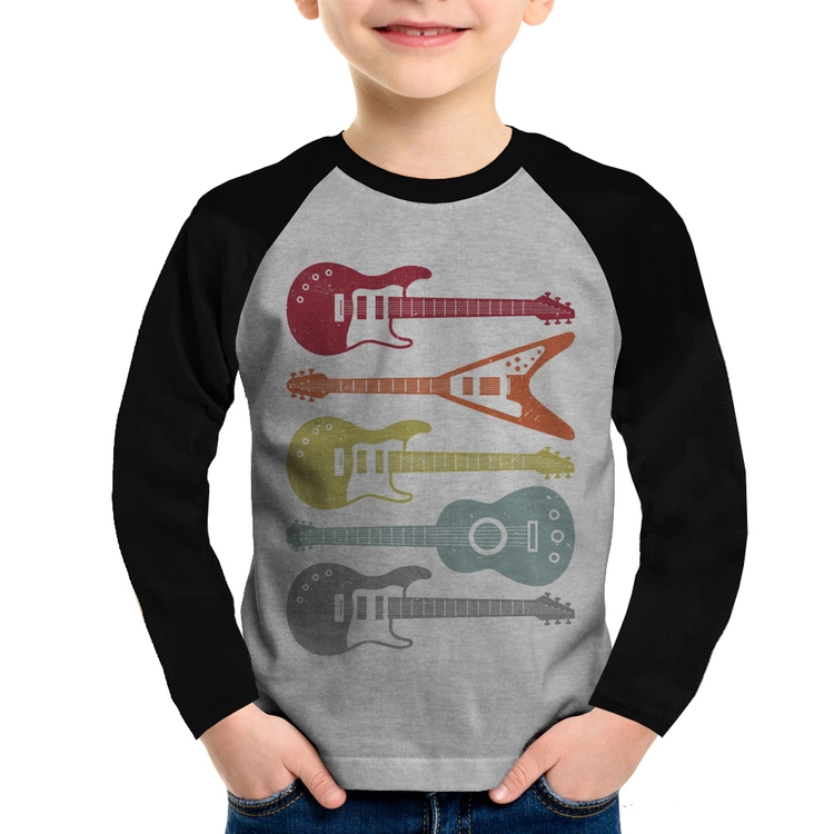 Camiseta Raglan Infantil Tipos de Guitarra Manga Longa - Cinza/Preto