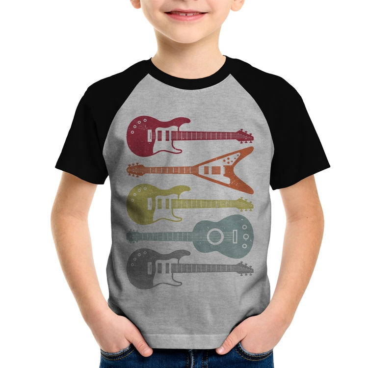 Camiseta Raglan Infantil Tipos de Guitarra - Cinza/Preto