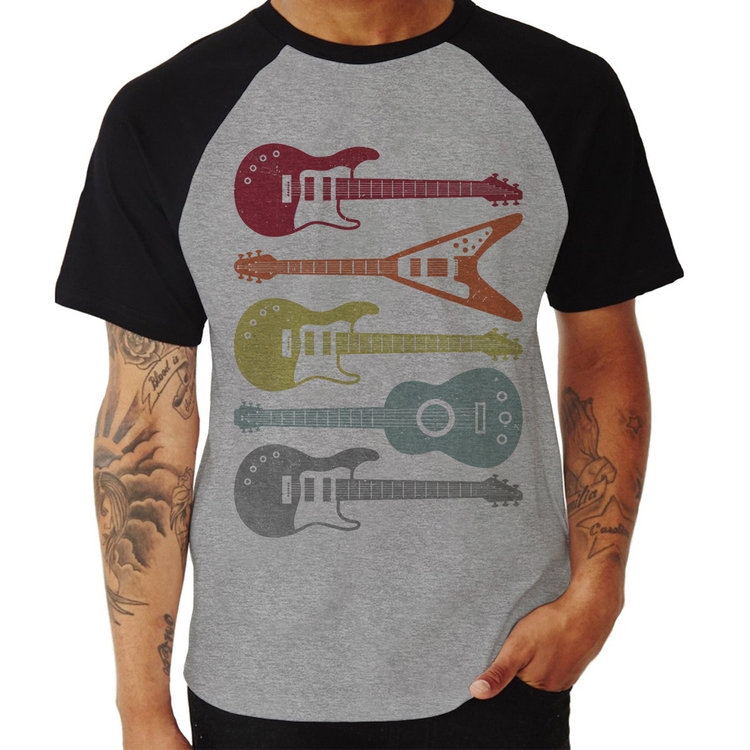 Camiseta Raglan Tipos de Guitarra - Cinza/Preto
