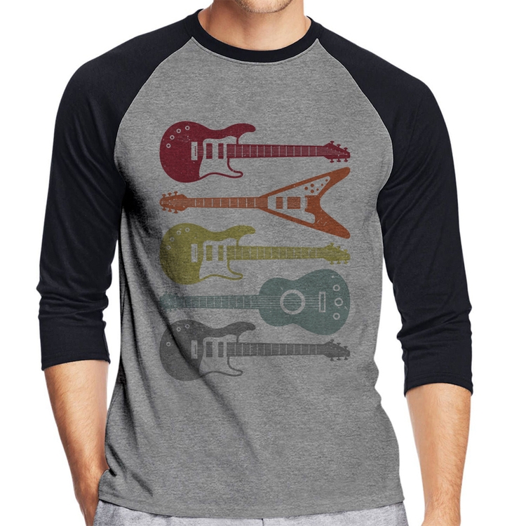 Camiseta Raglan Tipos de Guitarra Manga 3/4 - Cinza/Preto
