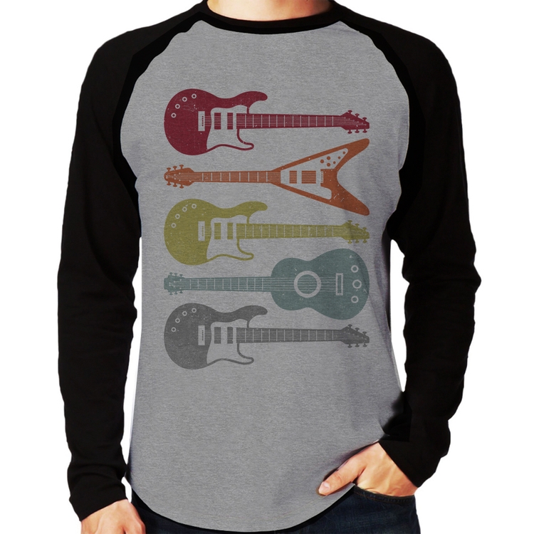 Camiseta Raglan Tipos de Guitarra Manga Longa - Cinza/Preto