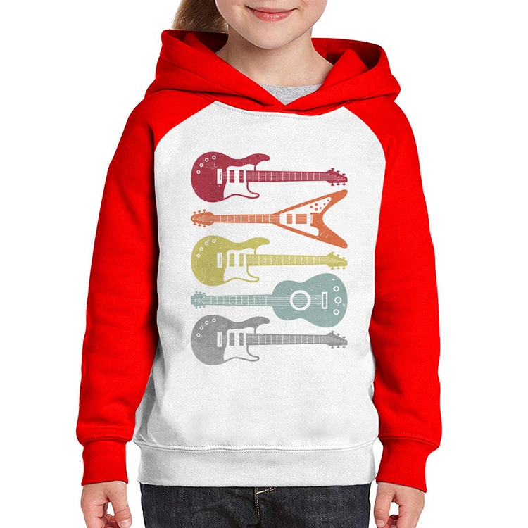 Moletom Infantil Tipos de Guitarra - Branco/Vermelho